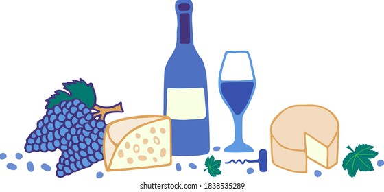 Winemaking vector illustration. A bottle of wine, glasses of white wine, grape, cheese illustration for design of flyers, posters, cards. Doodle.