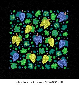 Winemaking Vektorgrafik auf schwarzem Hintergrund. Blaue und grüne Weintrauben, Weinblätter-Illustration für die Gestaltung von Schichten, Plakaten, Einladungskarten, Verpackungen, Stätten. Doodle. Quadrat