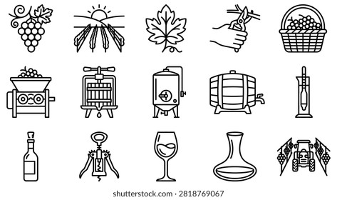 Winemaking and vineyard process linear icons with winemaking vineyard beverage