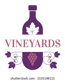 Winemaking and wine crafting, vineyard and making fine alcoholic beverages. Drinks and viticulture, bottle with grape based liquid. Emblem for package or logotype for product. Vector in flat style