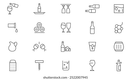 Conjunto de iconos de línea de vino y vinificación.  Uvas, copa de vino y botella, sacacorchos, barril, botella, racimo de uvas, copa de vino línea icono conjunto. Paquete de iconos de línea delgada de interfaz de usuario.