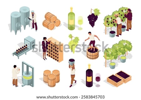 Winery 3d isometric mega set in flat design. Collection isometry elements of wine bottles, wineglass, grape crop, production, manufacture process, beverage producer, vine, other. Vector illustration.