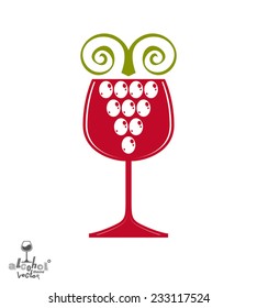 Winery award theme vector illustration. Stylized half full glass of wine with grapes cluster and decorative ribbon, racemation symbol best for use in advertising and graphic design.