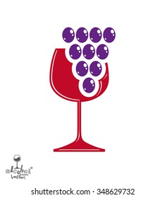 Winery award theme vector illustration. Stylized half full glass of wine with grape vine and decorative ribbon, racemation symbol best for use in advertising and graphic design.