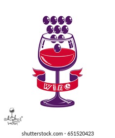 Winery award theme vector illustration. Stylized half full glass of wine with grapes vine and decorative ribbon, racemation symbol best for use in advertising and graphic design.