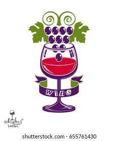 Winery award theme vector illustration. Stylized half full glass of wine with grapes cluster and decorative ribbon, racemation symbol best for use in advertising and graphic design.