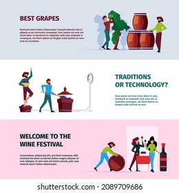 Winery banners. Rural industrial wine production processes growing delicious natural grape for preparing alcoholic drinks garish vector design templates with place for text