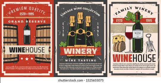 Winery bottles of wine and champagne drinks retro posters of wine shop vector design. Wine glasses, barrels and grape vine, corkscrew, snack food of cheese and bread. Winehouse alcohol beverages theme