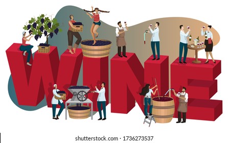 Konzept der Weinkellerei mit kleinen Leuten, die Wein machen und verkosten. Vino auf verschiedenen Produktionsstufen: Traubenernte Zerkleinerung, Gärung, Alterung, Entgustung. Poster, Banner, Cover. Cartoon-Flachvektor