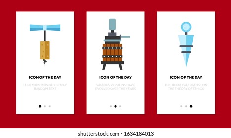 Winery equipment flat icon set. Corkscrew, wooden barrel isolated sign pack. Wine production, industry, business, celebration concept. Vector illustration symbol elements for web design