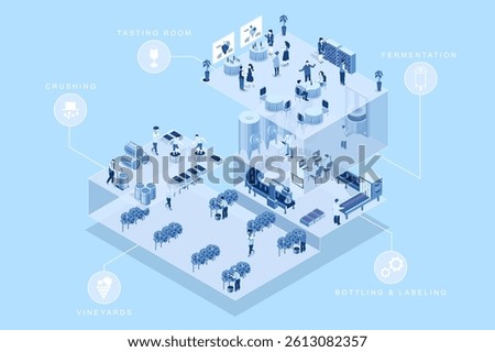 Winery factory 3d isometric concept for web design. People in isometry working at vineyard, crushing, fermentation, bottling and labeling wine bottles, tasting vine beverage. Vector illustration.