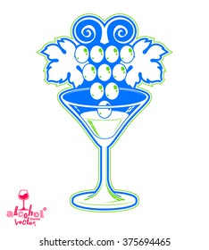 Winery fantasy vector illustration. Elegant  martini glass with grape vine, racemation emblem best for use in graphic and web design.