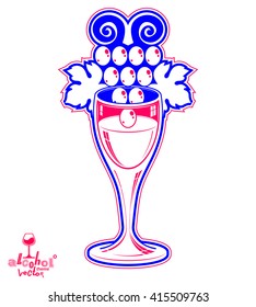 Winery fantasy vector illustration. Elegant wineglass with grape vine, racemation emblem best for use in graphic and web design.