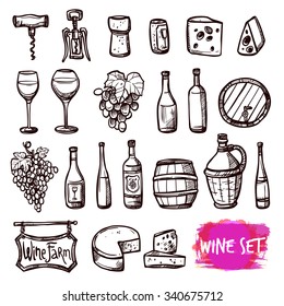 Winery farm black doodle pictograms collection for restaurant wine consumption with cheese chasers abstract vector isolated illustration