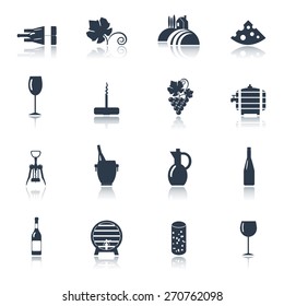 Winery farm production for restaurant wine consumption with cheese chasers black icons set abstract vector isolated illustration