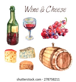 Winery farm production watercolor pictograms collection for restaurant wine consumption with cheese chasers sketch abstract vector illustration