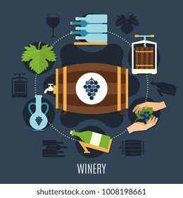 Winery flat concept with wine bottles and casks on dark background vector illustration