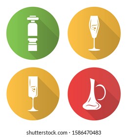Winery flat design long shadow glyph icons set. Wine preserver, wineglasses, decanter. Alcohol glassware. Aperitif drink. Bar, pub sommelier, barman tool. Vector silhouette illustration