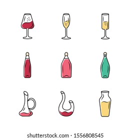 Winery glassware icons set. Different types of wine. Decanters, bottles, glasses. Aperitif drinks, cocktails, alcohol beverages. Party, bar, restaurant tableware. Isolated vector illustrations