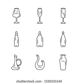 Winery glassware linear icons set. Party, bar, restaurant decanters, bottles, glasses thin line contour symbols. Types of wine. Isolated vector outline illustrations. Editable stroke
