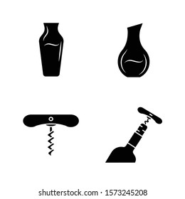 Winery glyph icons set. Different types of decanters. Corkscrew, bottle opening tools. Barman equipment. Alcohol beverage, aperitif drink. Silhouette symbols. Vector isolated illustration