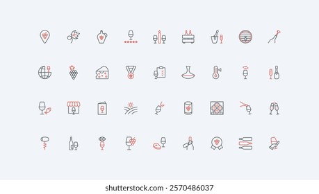 Winery, grape wine and champagne making, tasting line icon set. Vineyard and barrel in cellar, glass and bottle of alcohol drink, sommelier thin black and red outline symbols vector illustration