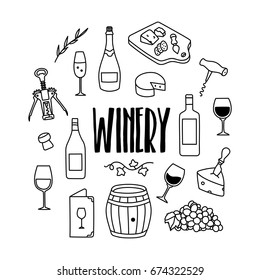 Winery hand drawn doodle icon ns set. Wine related illustration.