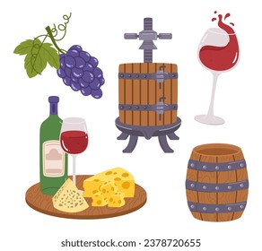 Winery Icons Collection. Set of Ripe Grapes, Press Machine, Wineglass with Red Splashing Liquid, Wooden Barrell, Tray with Bottle and Assortment of Cheese. Cartoon Vector Illustration, Design Elements