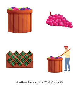 Winery icons set cartoon vector. Manual wine production. Winemaking concept