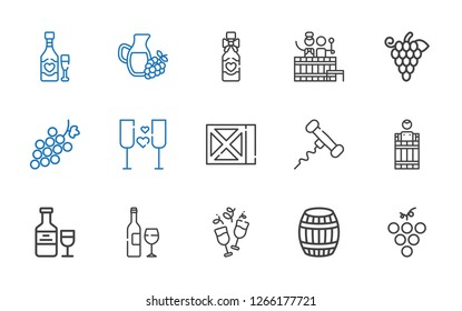 winery icons set. Collection of winery with grape, barrel, wine, wine bottle, corkscrew, grapes. Editable and scalable winery icons.