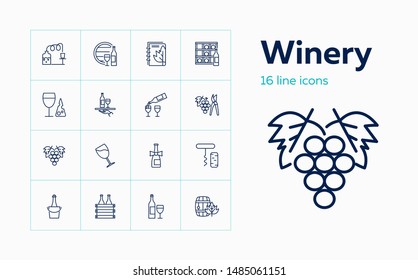 Winery icons. Set of line icons on white background. Wine bottle, brewery, barrel. Alcoholic drinks concept. Vector can be used for topics like drinks, wine production, bar