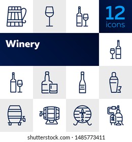 Winery icons. Set of line icons on white background. Wine bottle, barrel, beer. Alcohol concept. Vector illustration can be used for topics like bar, drinks, winemaking