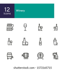 Winery icons. Set of line icons on white background. Wine bottle, barrel, beer. Alcohol concept. Vector illustration can be used for topics like bar, drinks, winemaking