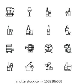 Winery icons. Set of line icons on white background. Wine bottle, barrel, beer. Alcohol concept. Vector illustration can be used for topics like bar, drinks, winemaking