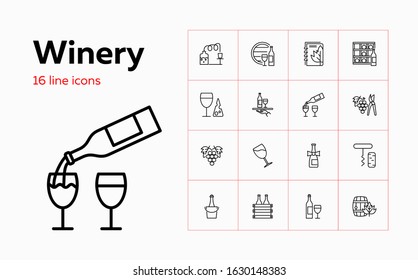 Winery icons. Set of line icons on white background. Wine bottle, brewery, barrel. Alcoholic drinks concept. Vector can be used for topics like drinks, wine production, bar