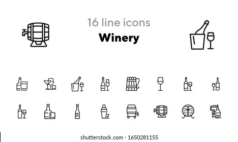 Winery icons. Set of line icons on white background. Wine bottle, barrel, beer. Alcohol concept. Vector illustration can be used for topics like bar, drinks, winemaking