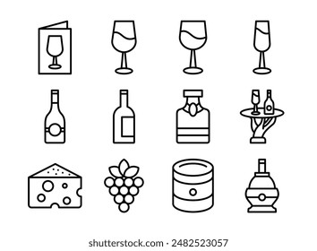 Winery icons set with menu, white, red wine, champagne glasses, cheese, bottle, waiter, grape, wooden barrel, homemade wine. Simple Set of Alcohol Related Vector Line Icons.