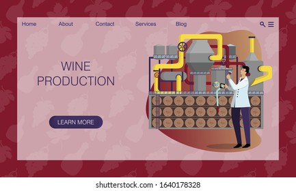 Winery. Industrial wine production. Winemaker takes sample of wine using pipette. Tanks for drink production. Equipment and tools. Flat cartoon vector. Concept of website, landing page design template
