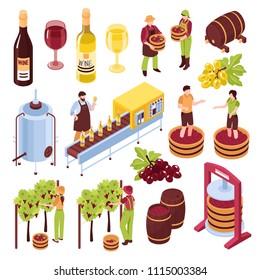 Winery isometric set vineyard with harvest pressing of grapes bottling conveyor drink in goblets isolated vector illustration