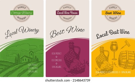 Winery and local wine shop with organic and natural products. Alcoholic beverages for sale. Best beverage, bottled and preserved in wooden kegs for fermenting. Vector in flat style illustration