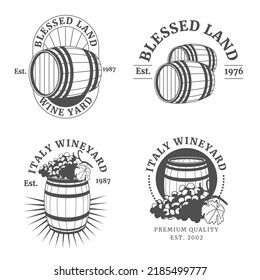 Winery logos set. Craft wine retro signs or badges with barrels, bunch of vines and decorative elements. Vector labels or badges. flat illustration