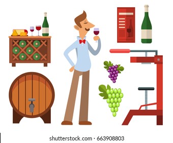 Winery making harvest cellar vineyard glass beverage industry alcohol production vector illustration