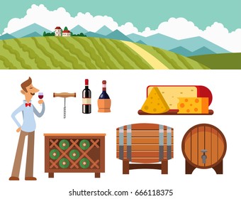 Winery making harvest cellar vineyard glass beverage industry alcohol production vector illustration