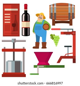 Winery making harvest cellar vineyard glass beverage industry alcohol production vector illustration