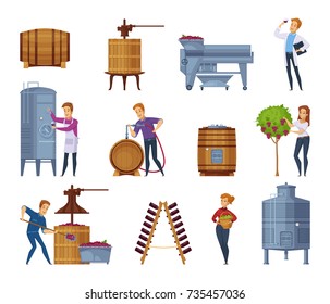 Winery production process cartoon icons set with grape harvesting crushing pressing fermenting wine aging isolated vector illustration    