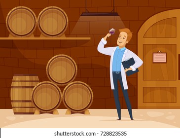 Winery production with winemaker in storage cellar tasting wine aging in oak barrels cartoon composition vector illustration 