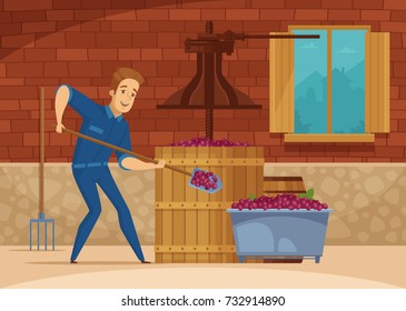 Winery red wine production process with winemaker  pressing grapes for fermentation cartoon composition poster vector illustration 