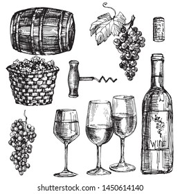 The winery retro set with grape, wood barrel, basket, wine bottle and wineglasses. Black and white hand drawn doodle line art. Vintage stock vector illustration isolated on white background.