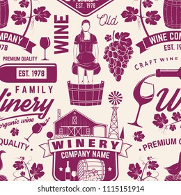 Winery seamless pattern or background. Vector illustration. Retro typography design for winery company, shop, bar, pub, branding and restaurant business. Background for cards, menus related to wine