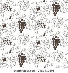 Winery seamless pattern. Bottles of alcohol drinks and grapes continuous background. Beverages repeat ornament. Vector hand drawn doodle illustration.